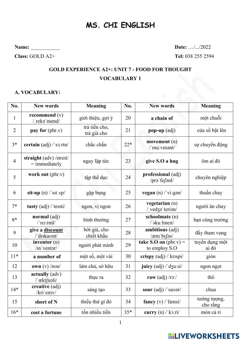 14.02.22 Gold A2+- U7 Vocab 1