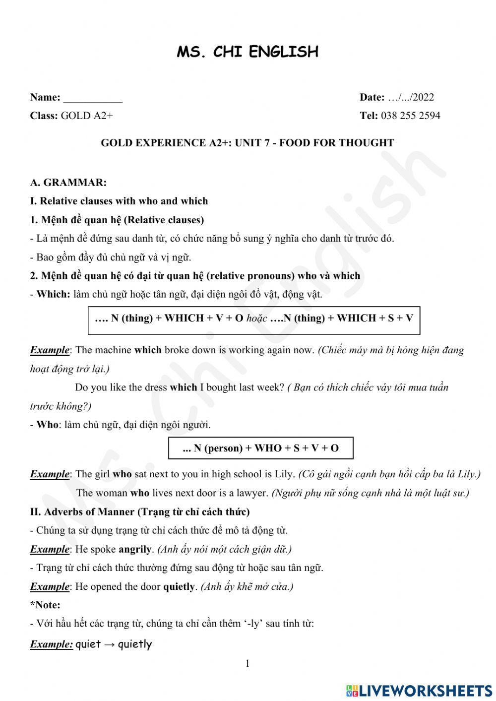 16.02.22 Gold A2+- U7 Grammar