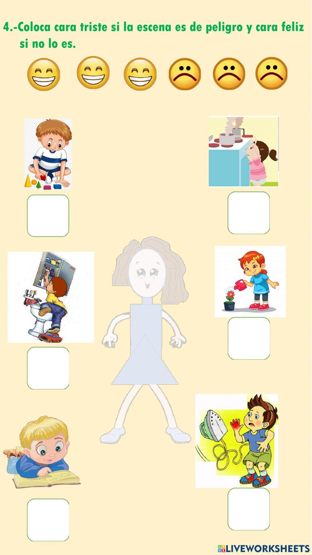 Coloca cara triste si la escena es peligro y cara feliz si no lo es.
