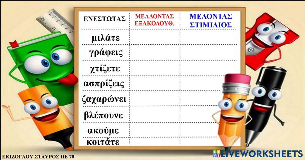 Μετατρεπω τα ρηματα σε εξακολουθητικο μελλοντα και σε στιγμιαιο μελλοντα.