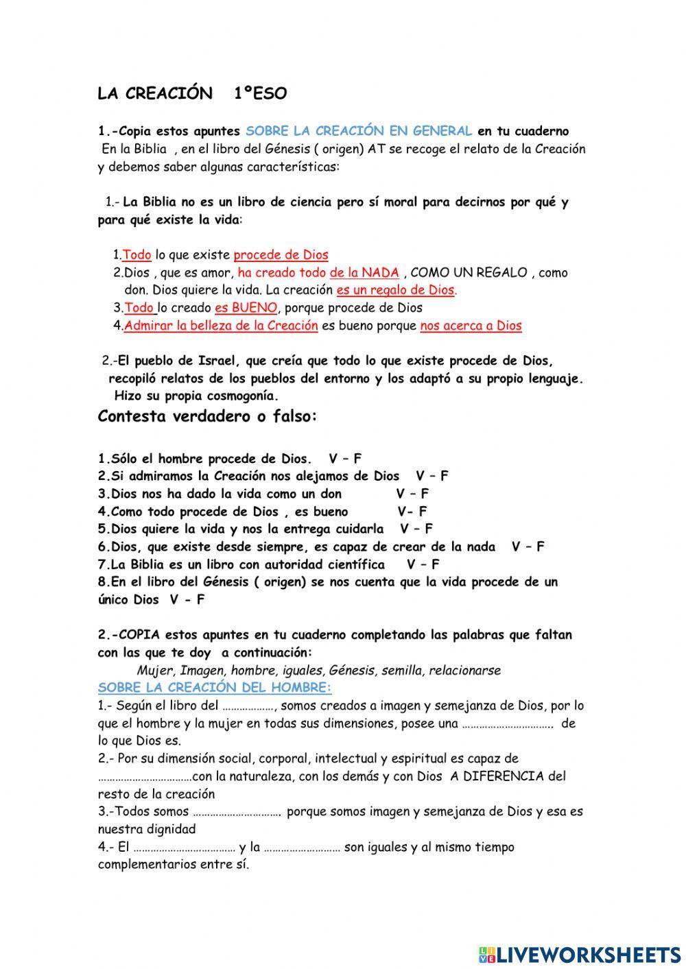 La Creación . Conceptos generales y del hombre