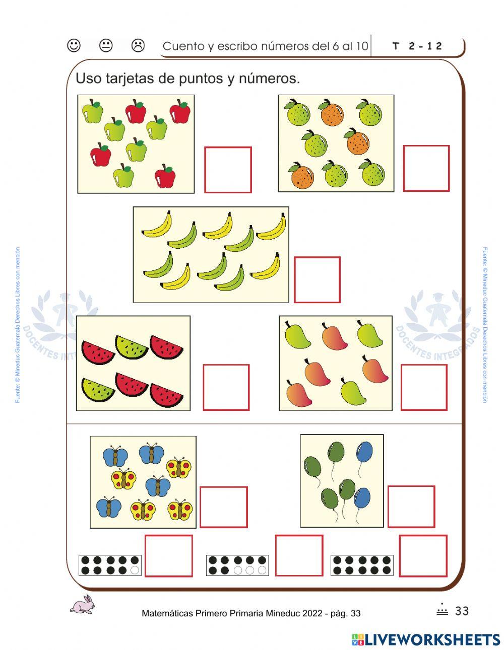 Matemáticas Primero Primaria Mineduc 2022 pág. 33 - Cuento y Escribo del 6 al 10