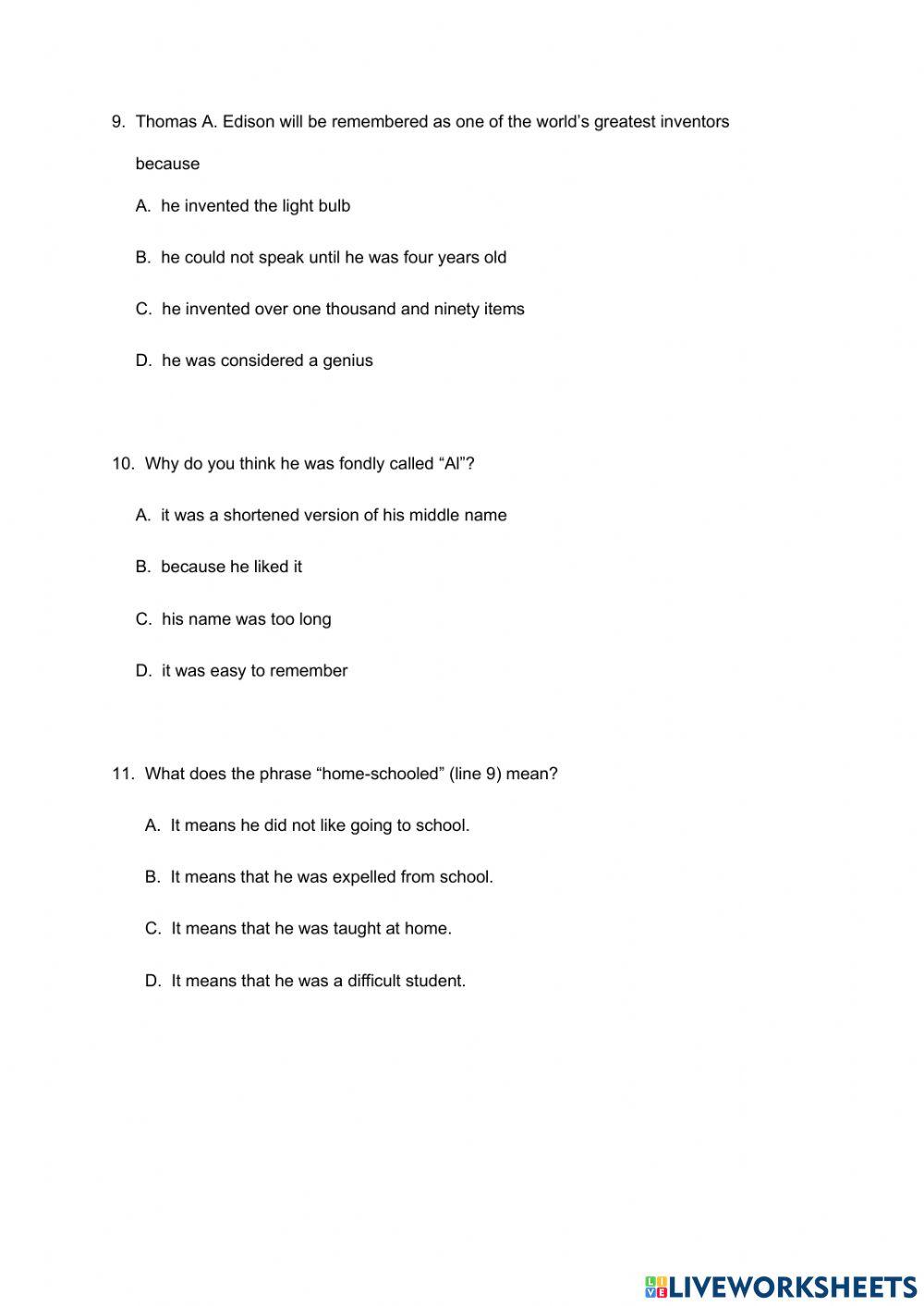 Multiple Choice Comprehension 1