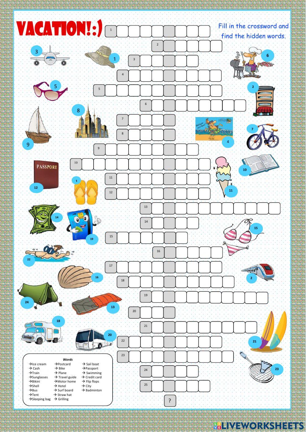 Vacations Crossword online exercise for Live Worksheets