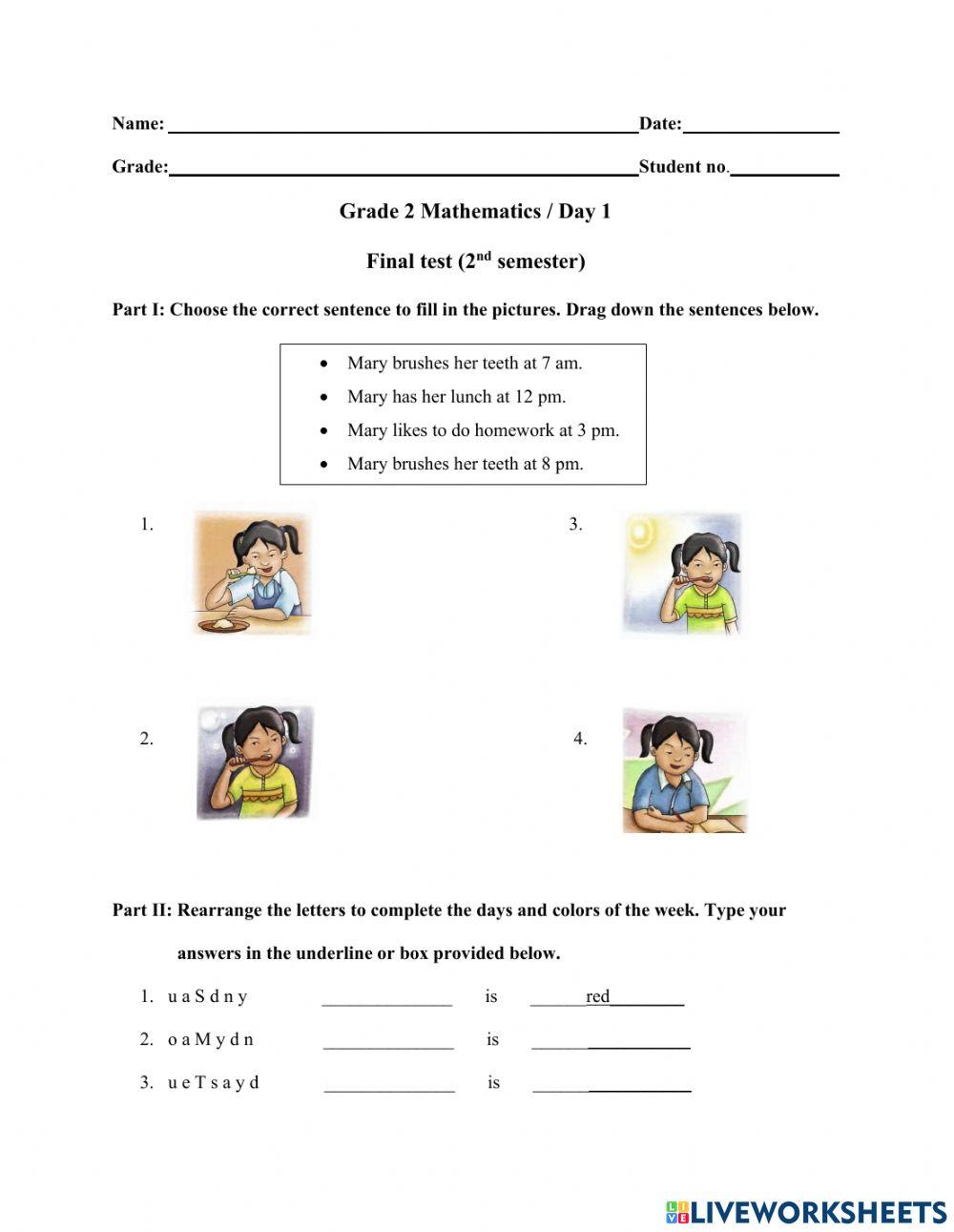 Grade 2 Math Final Test (2nd sem - Day 1)