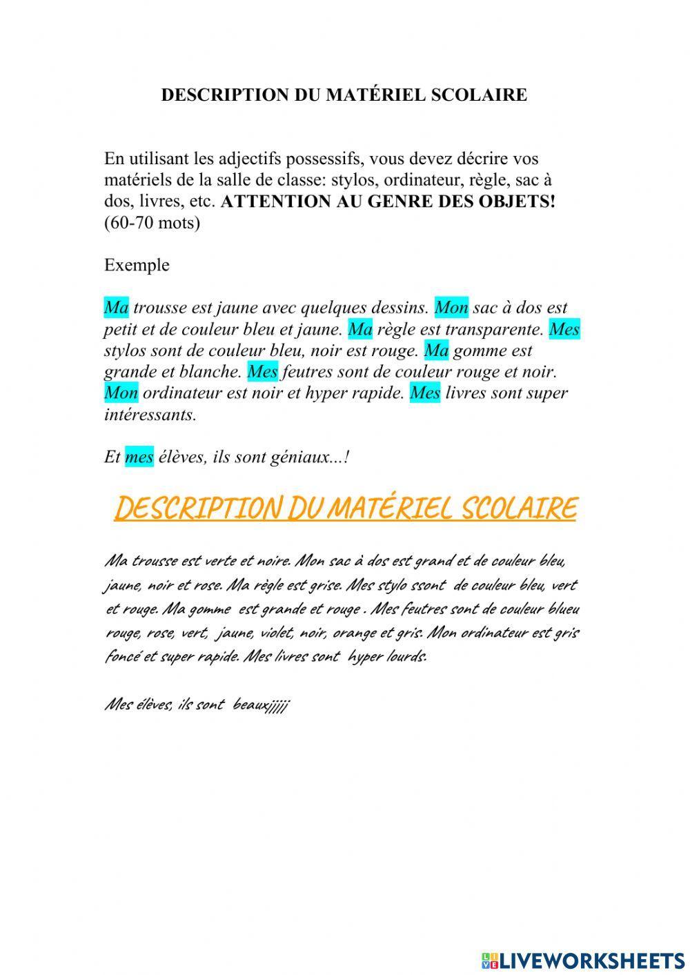 Descripción de mi material escolar en frances