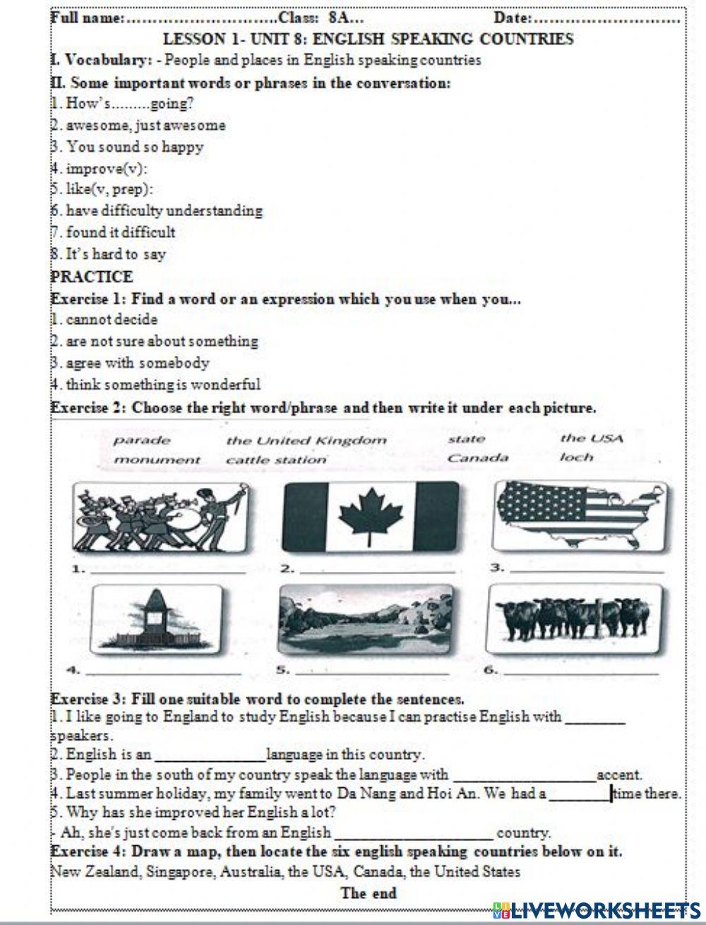Unit 8: English Speaing Countries