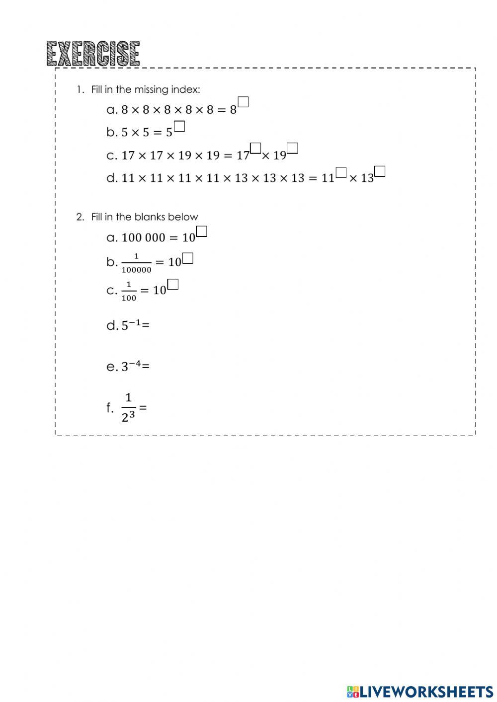Index Notation 1868775 | nekmahtul | Live Worksheets