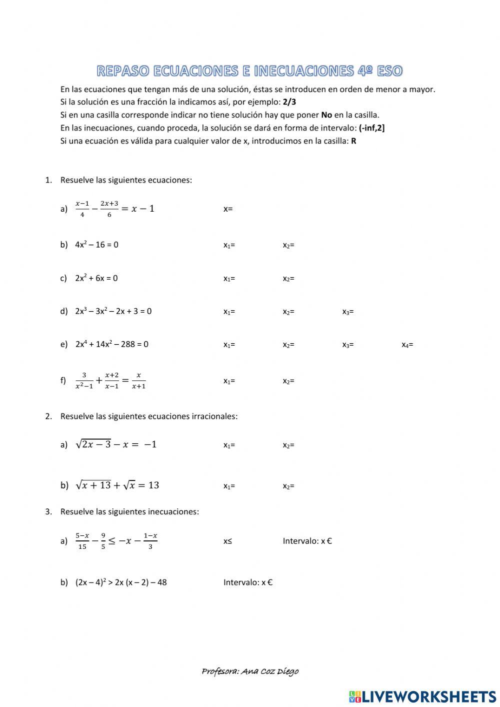 Repaso ecuaciones e inecuaciones 4º ESO