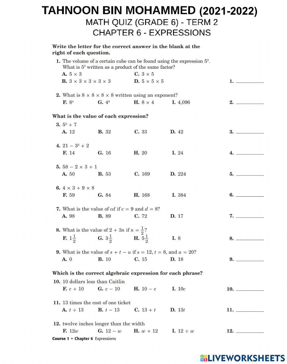 Math worksheet - chapter 6 - expressions