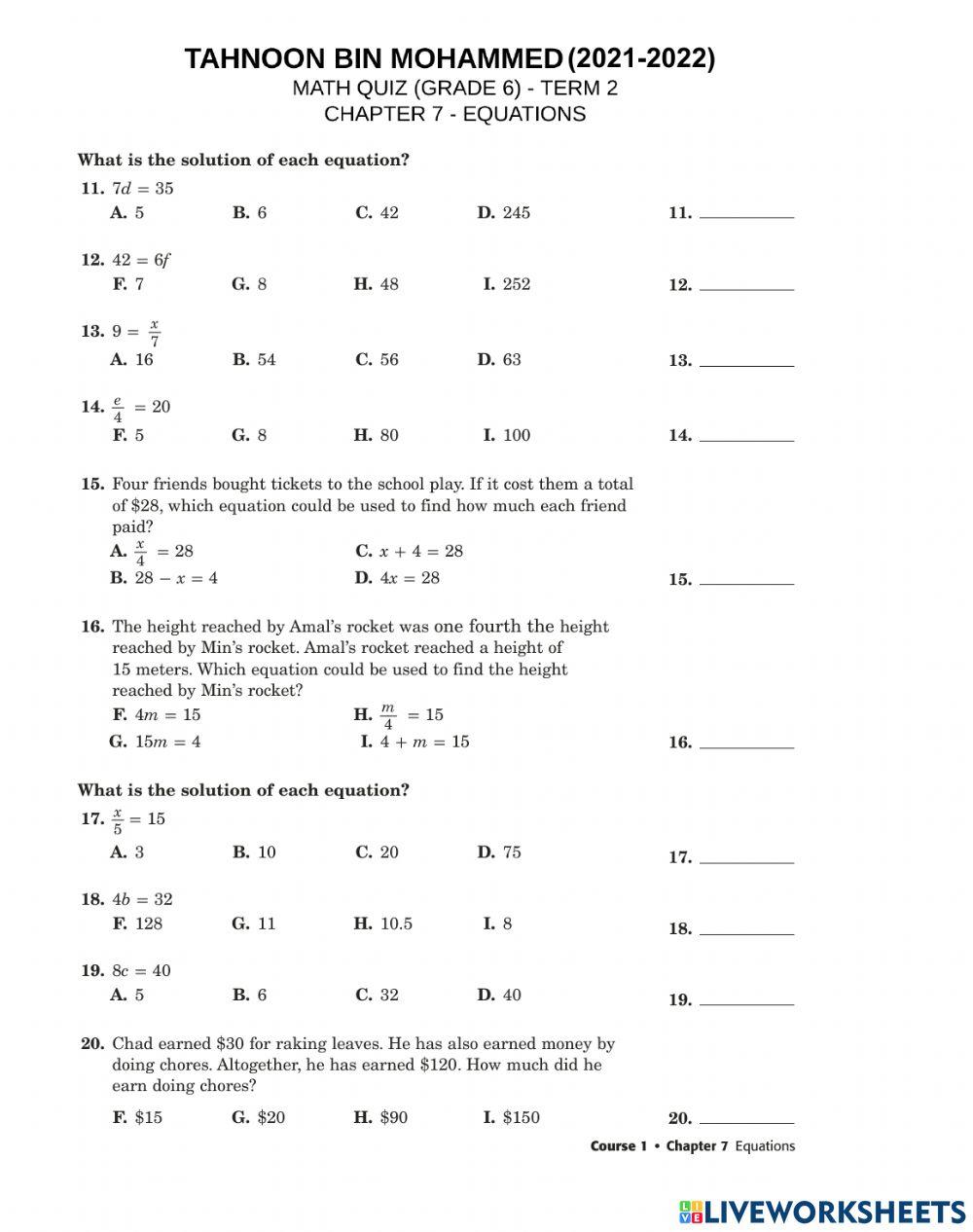 Math worksheet - chapter 7 - equations