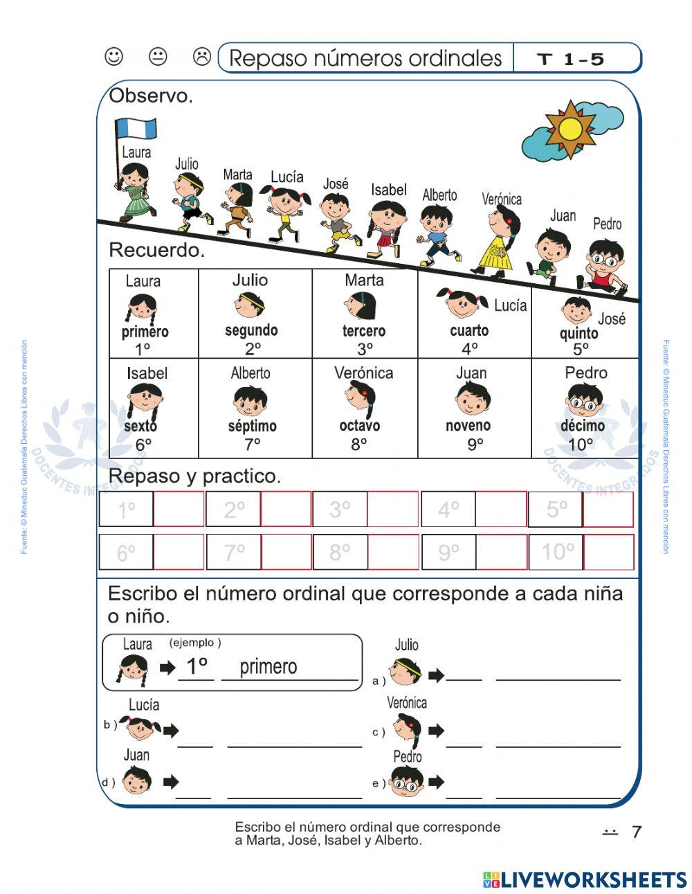 Matemáticas Segundo Primaria Mineduc 2022 pág. 6 - Repaso números ordinales