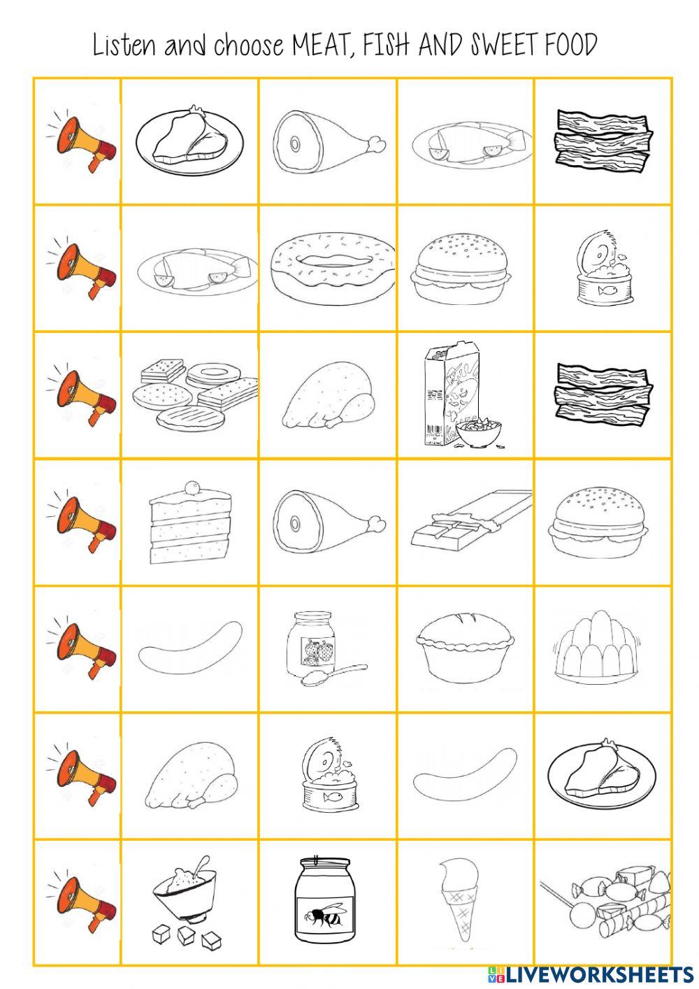 listen and choose meat. fish and sweet food