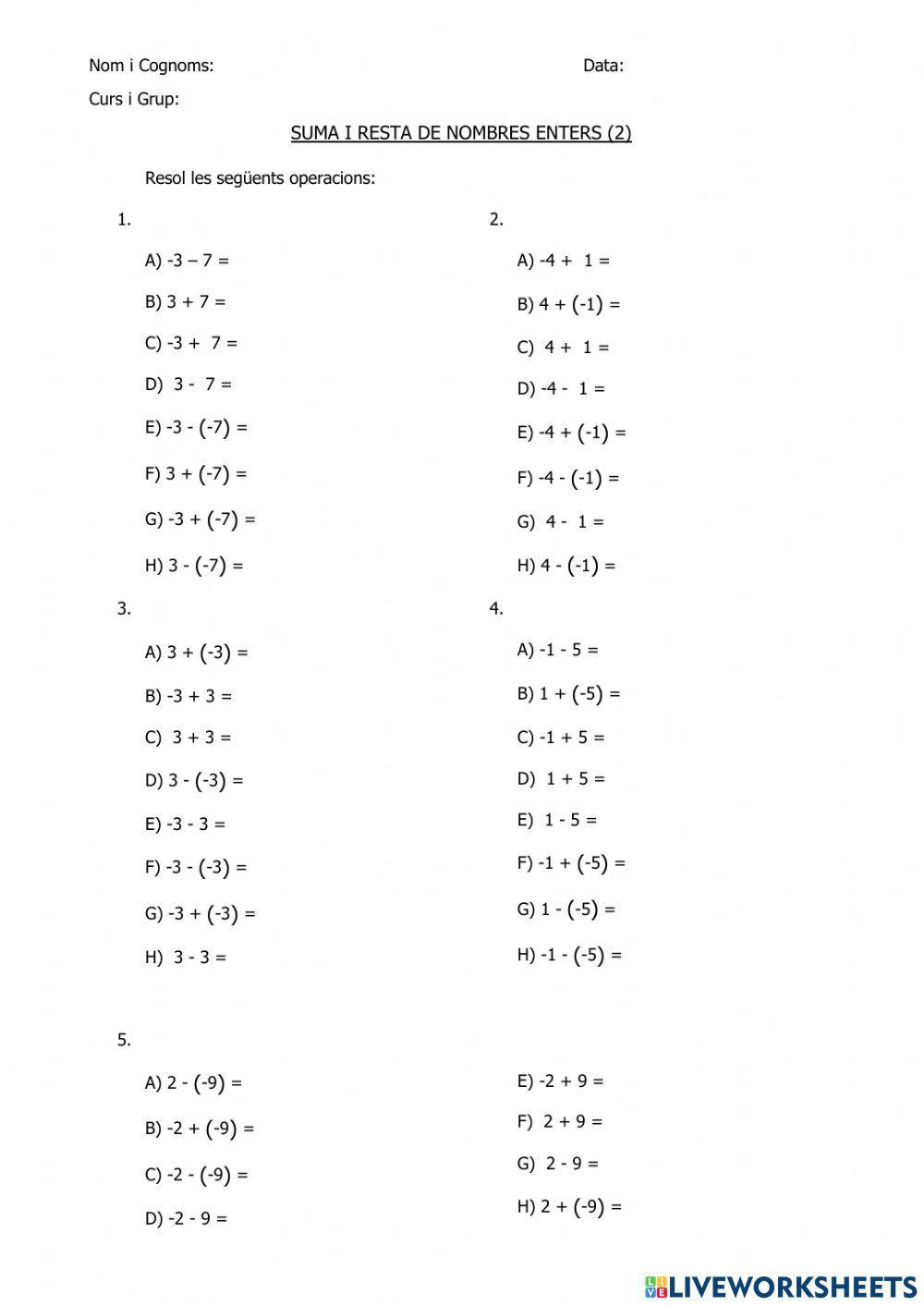Suma i resta de nombres enters parèntesis
