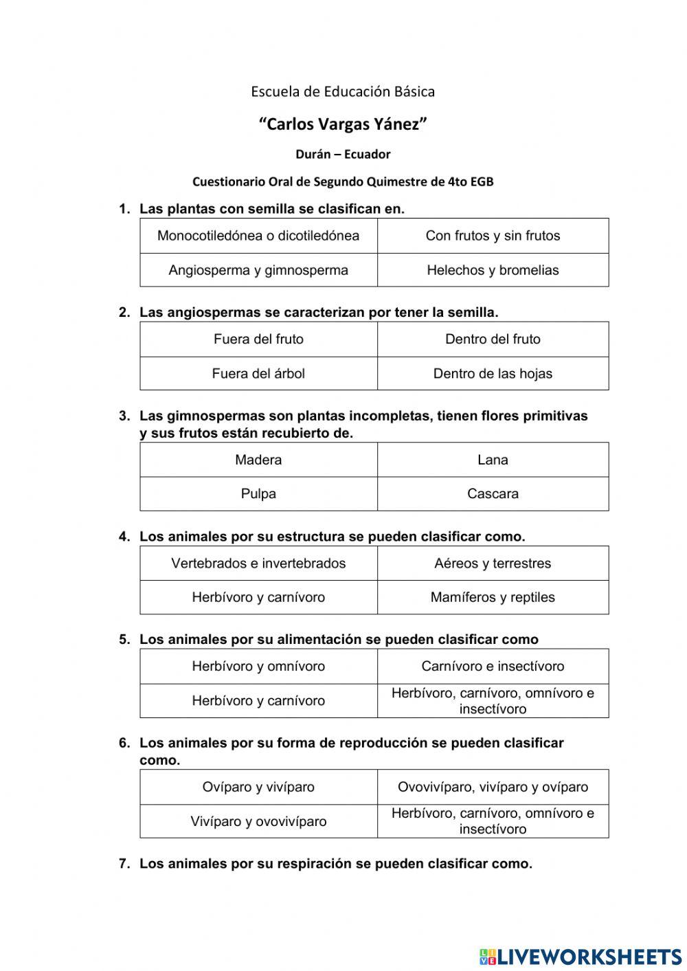 Cuestionario Quimestral (4to EGB)