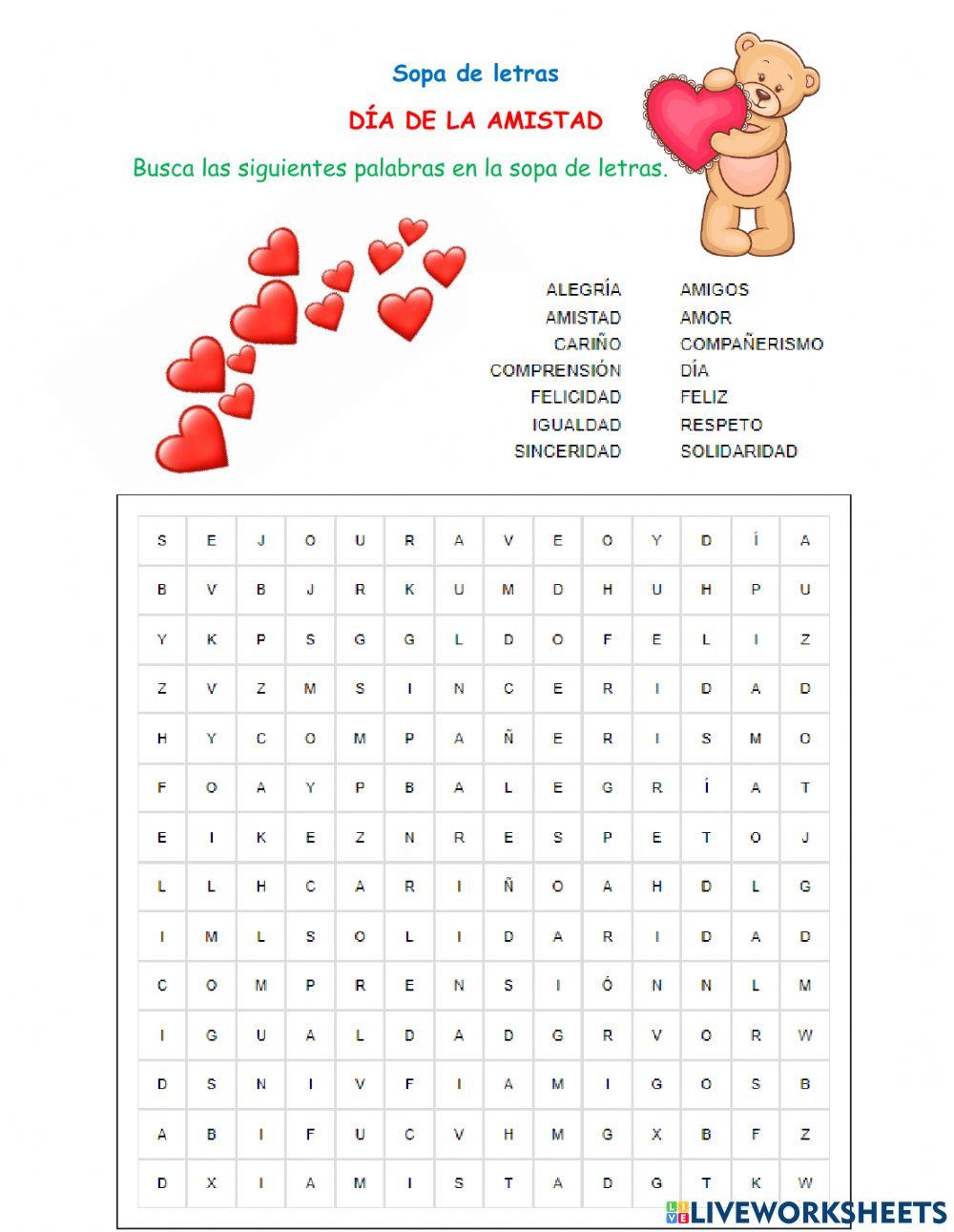 Sopa de letras. Día de la Amistad