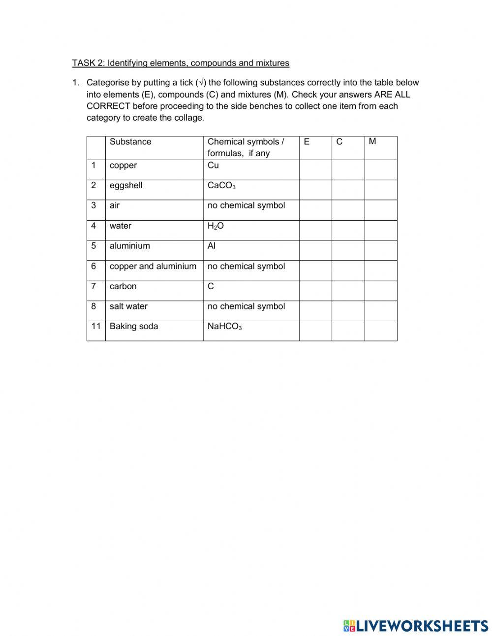 3n practical 3-elements, compounds and mixtures-live worksheet