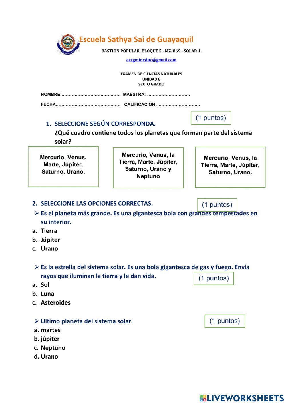 6 Examen de ciencias naturales