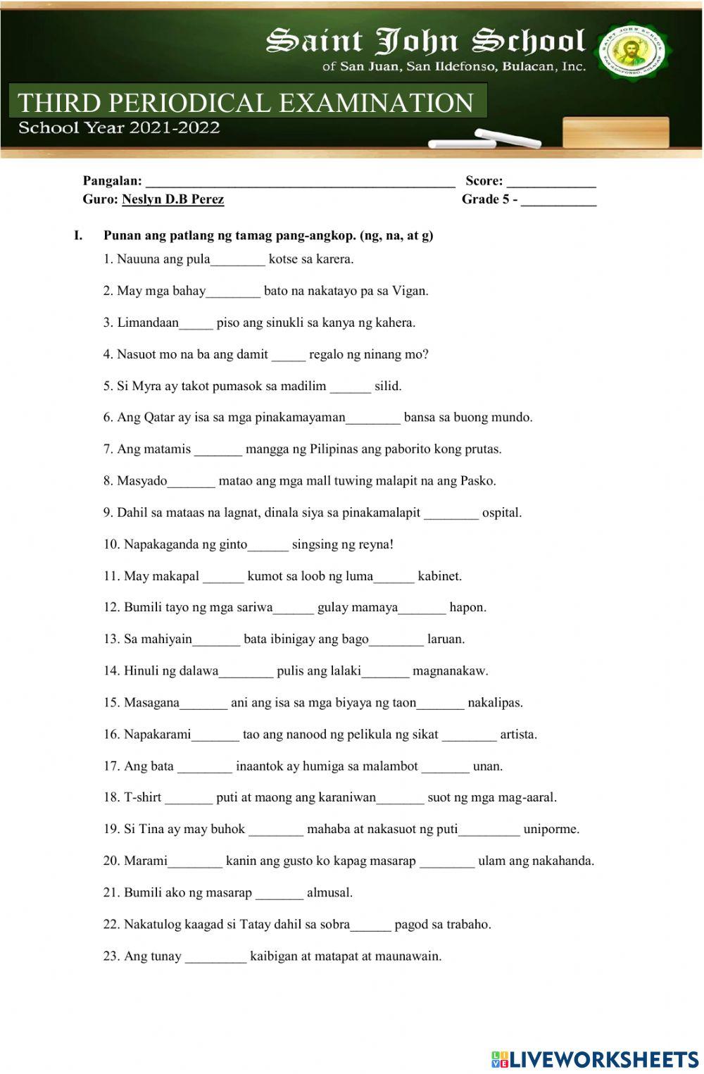 Third Periodical Exam in Filipino 5