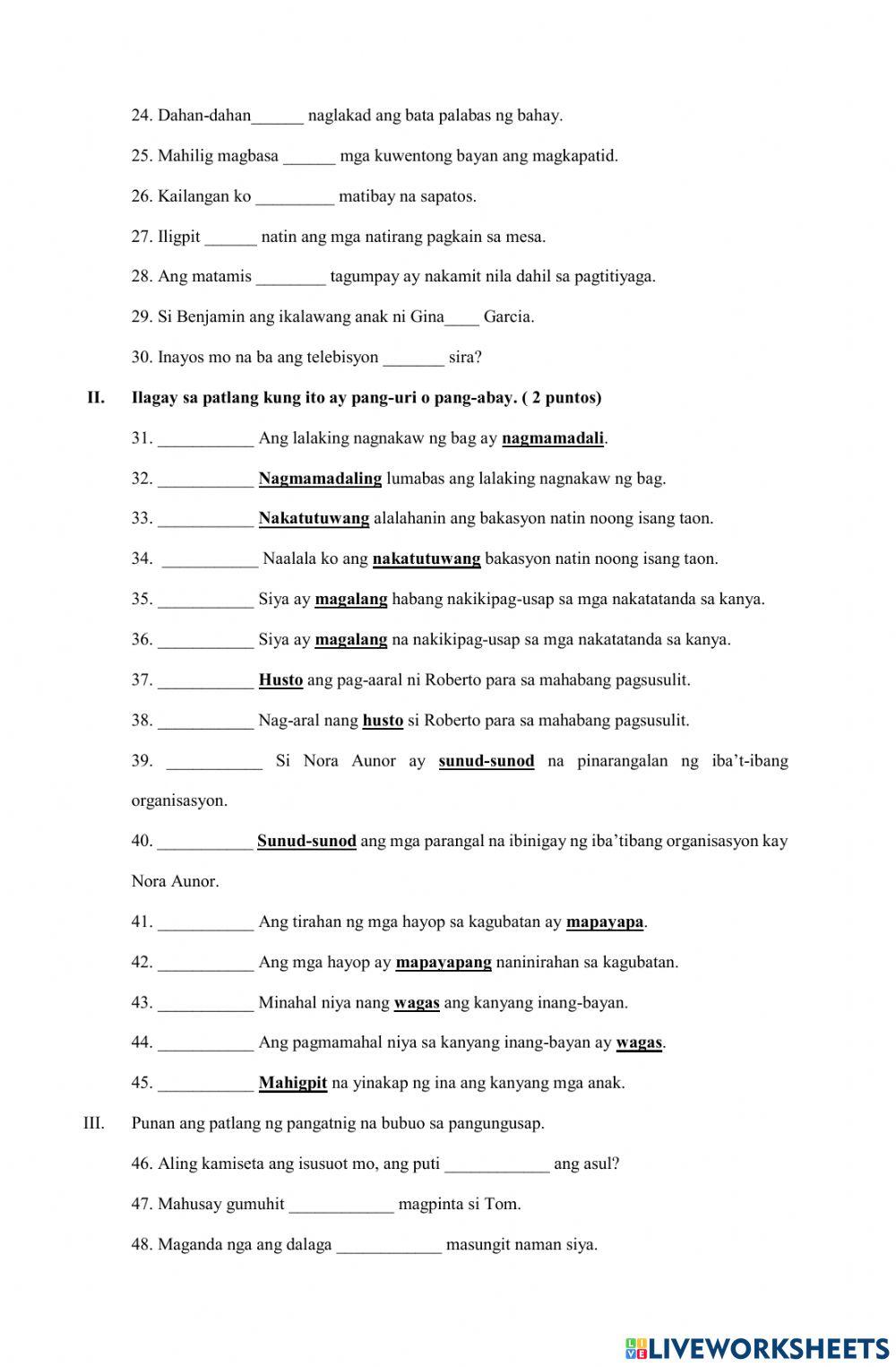 Third Periodical Exam in Filipino 5