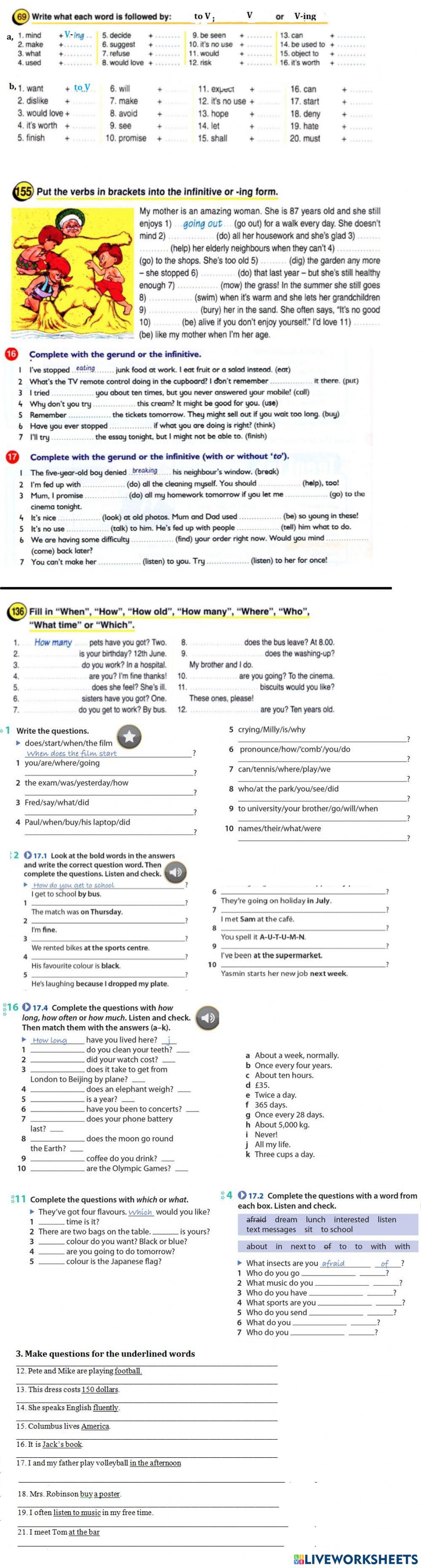 V, TO V, VING, WH question