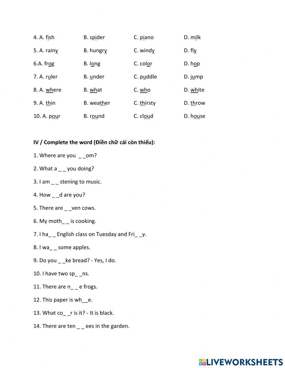 Tiếng Anh 4 Unit 9