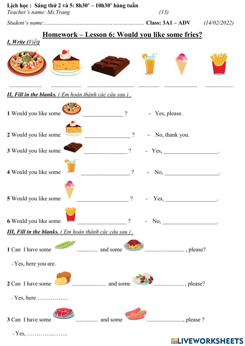 3A1-Lesson 6- Would you like some fries?