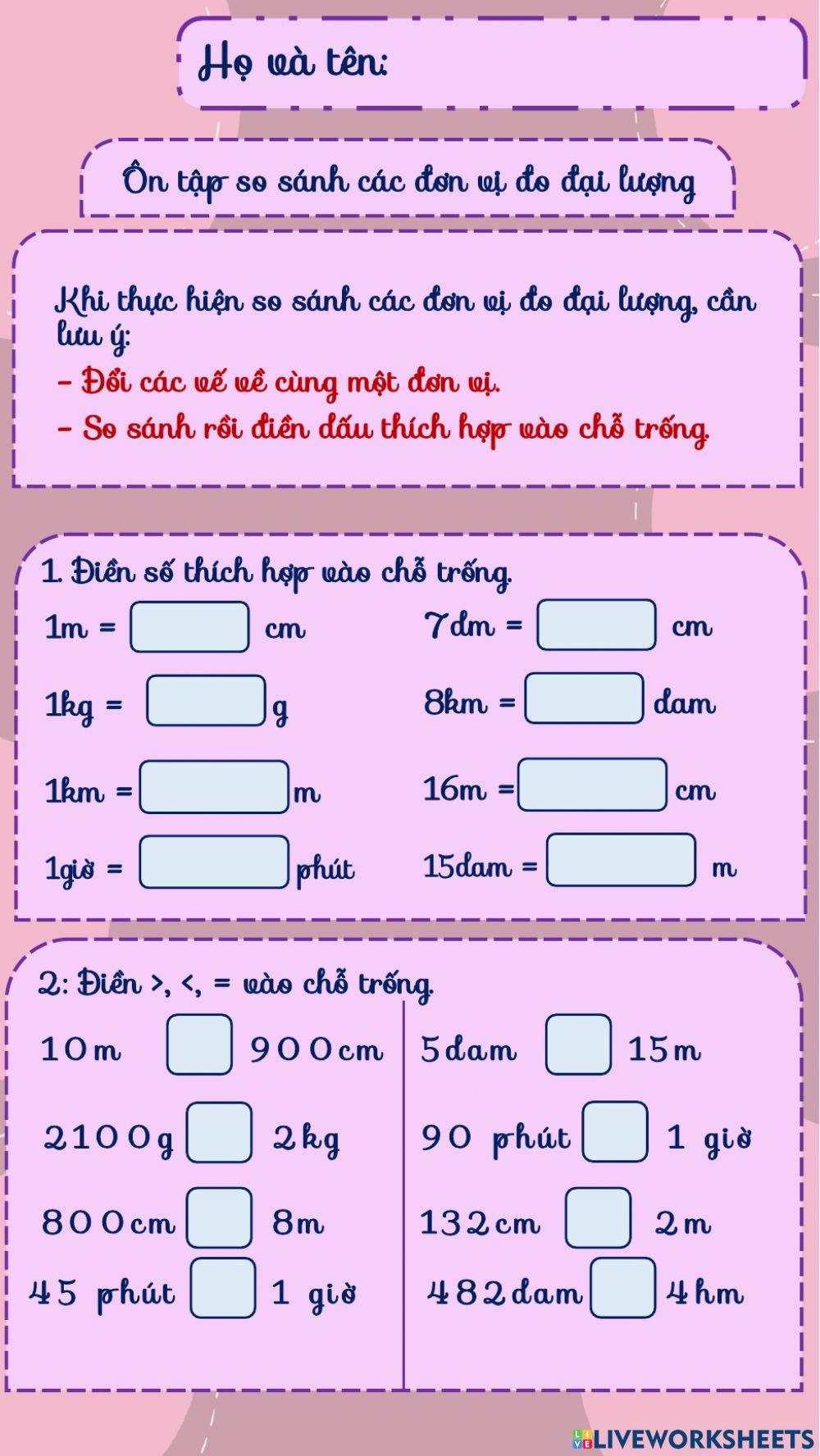 Ôn tập so sánh đại lượng Ôn tập so sánh đại lượng