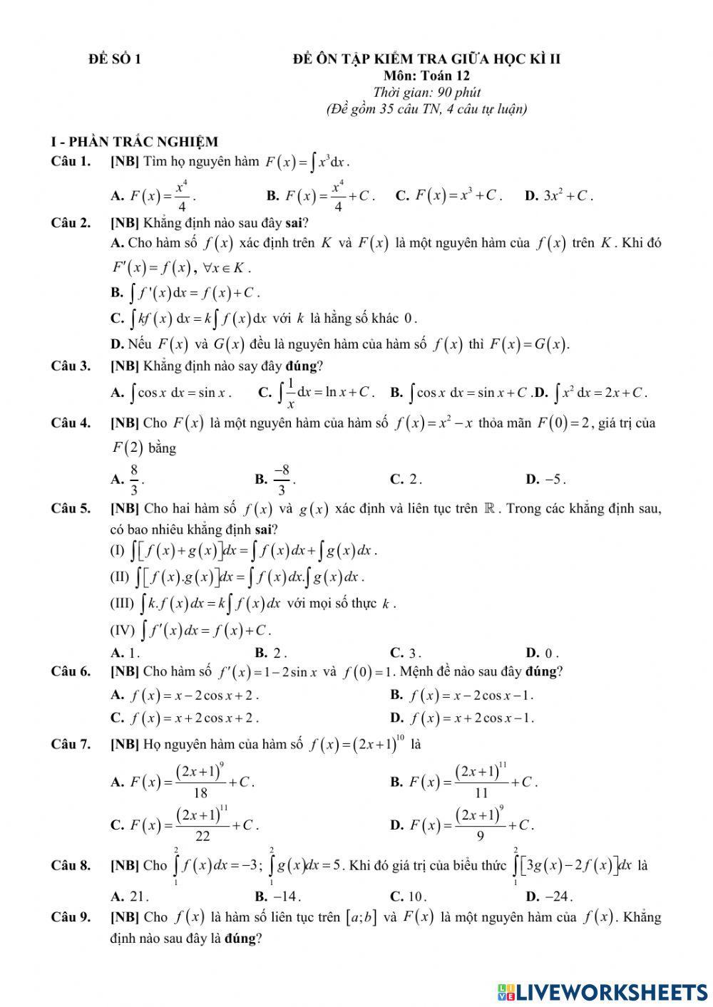 Toán 12 - Kiểm tra GK2 - Đề số 01