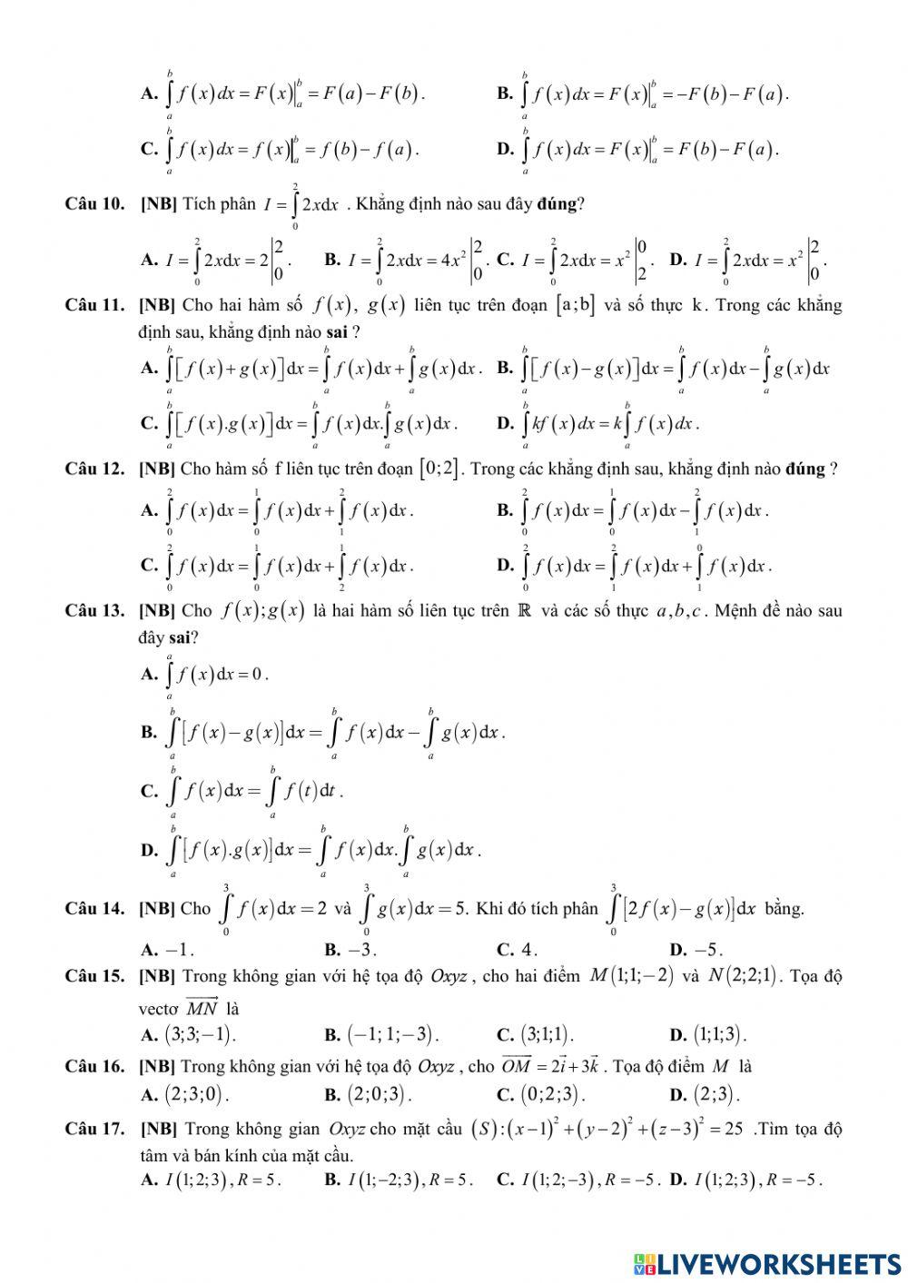 Toán 12 - Kiểm tra GK2 - Đề số 01