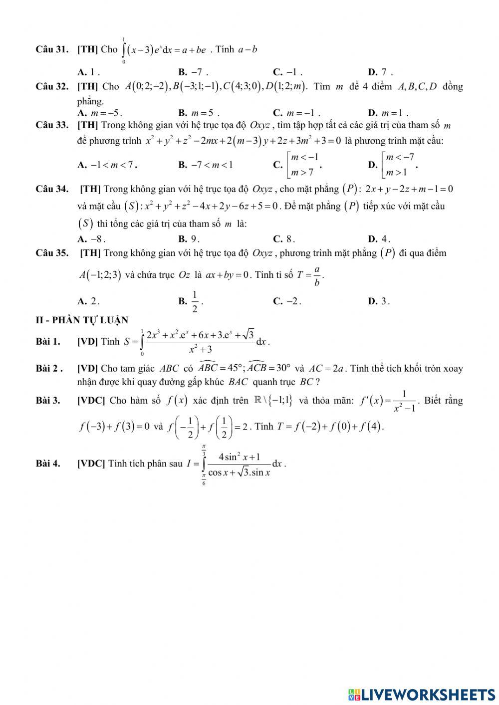 Toán 12 - Kiểm tra GK2 - Đề số 01