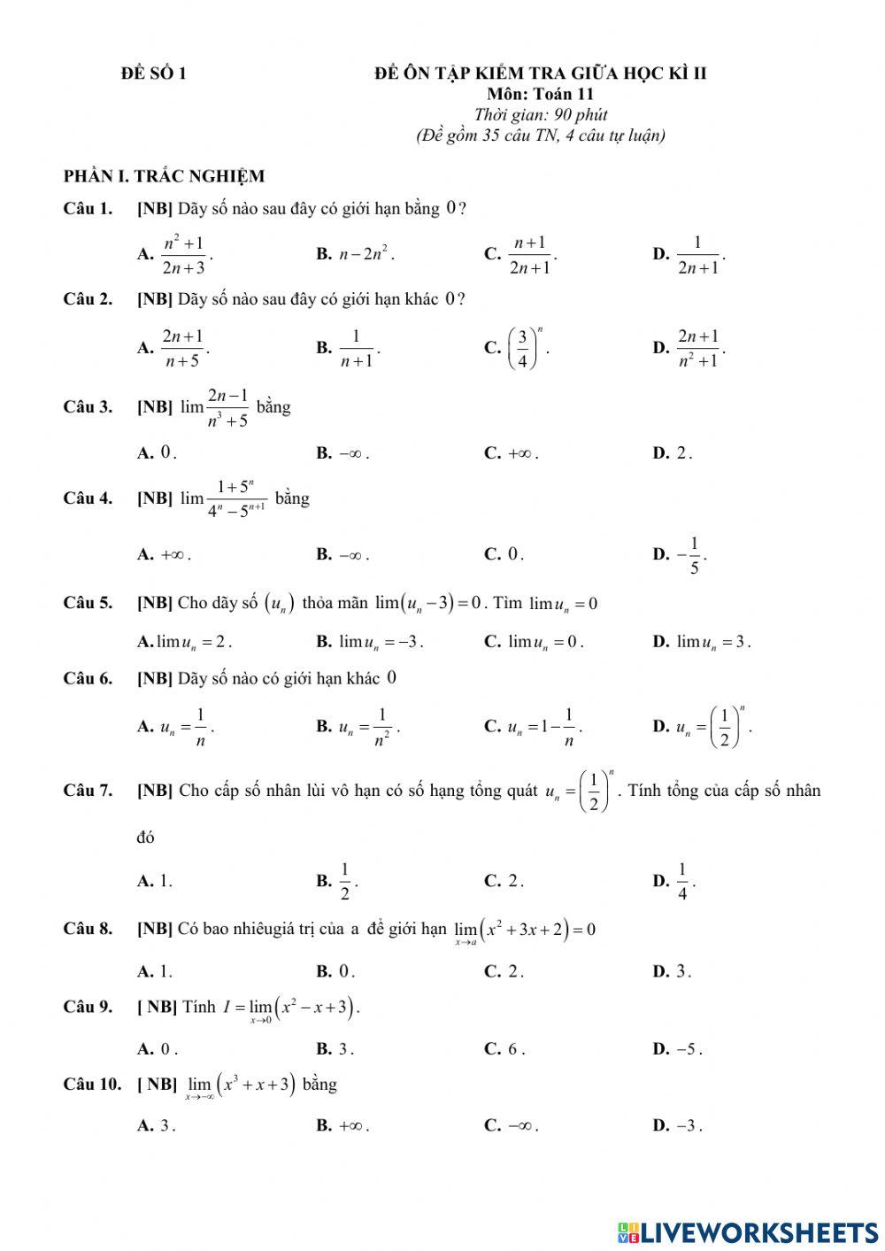 Toán 11 - Kiểm tra GK2 - Đề số 01