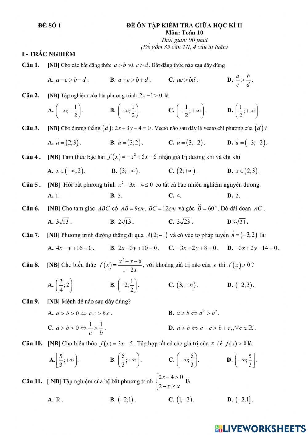 Toán 10 - Kiểm tra GK2 - Đề số 01