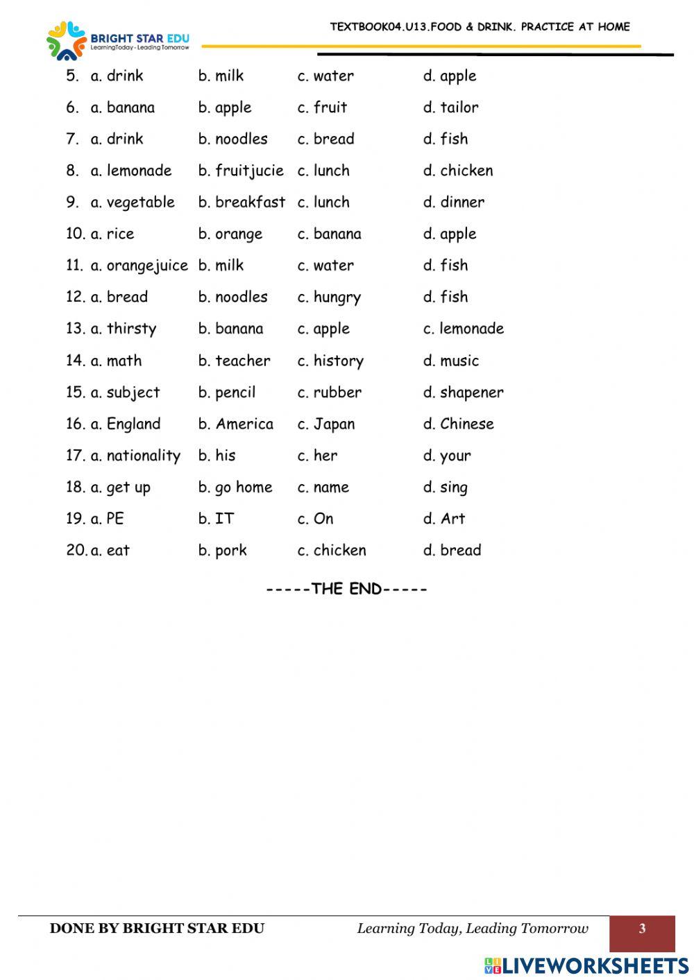 (Grade04).U13.food & drink .Practice at home