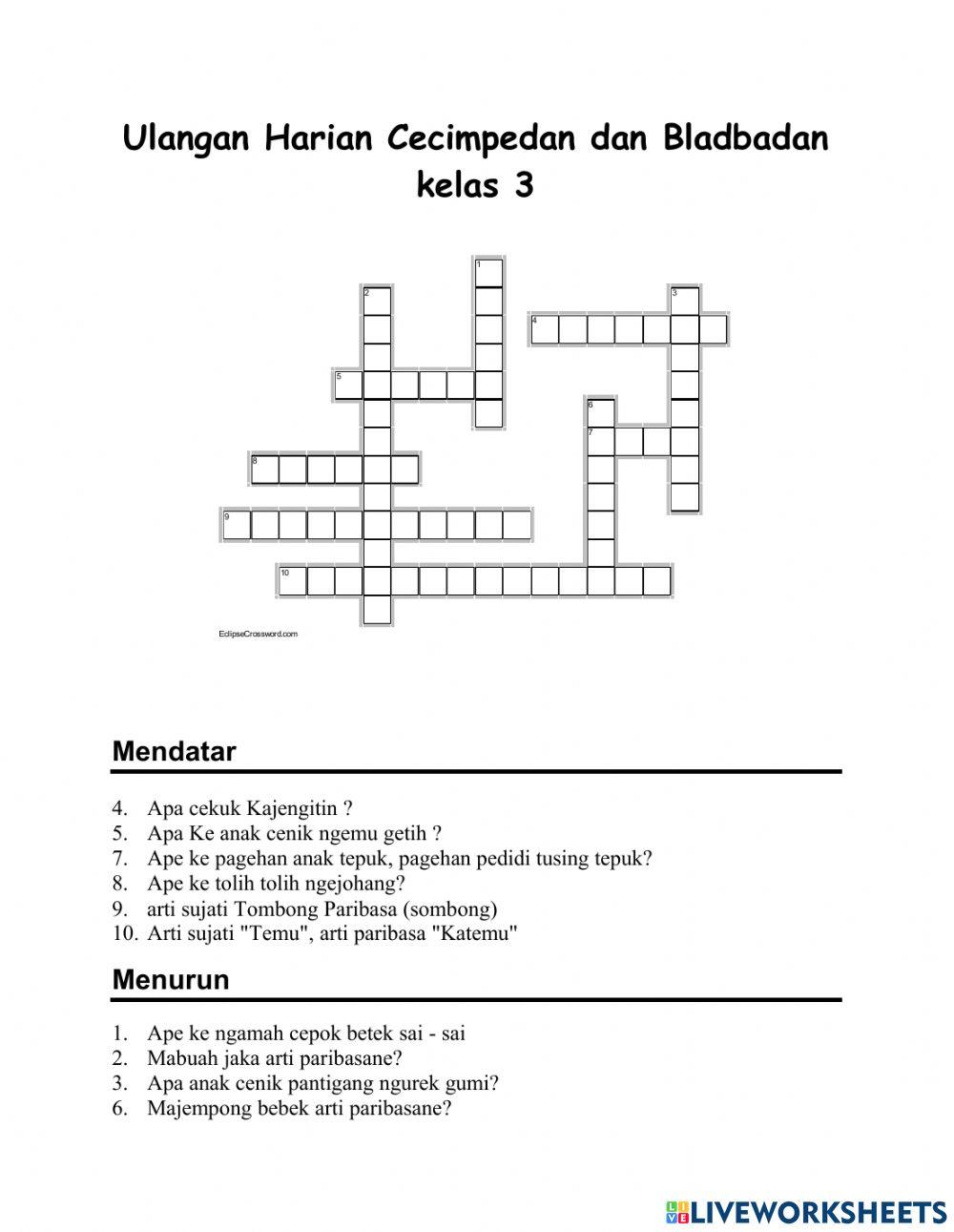 Ulangan Harian Cecimpedan dan Bladbadan Bhs Bali kelas 3