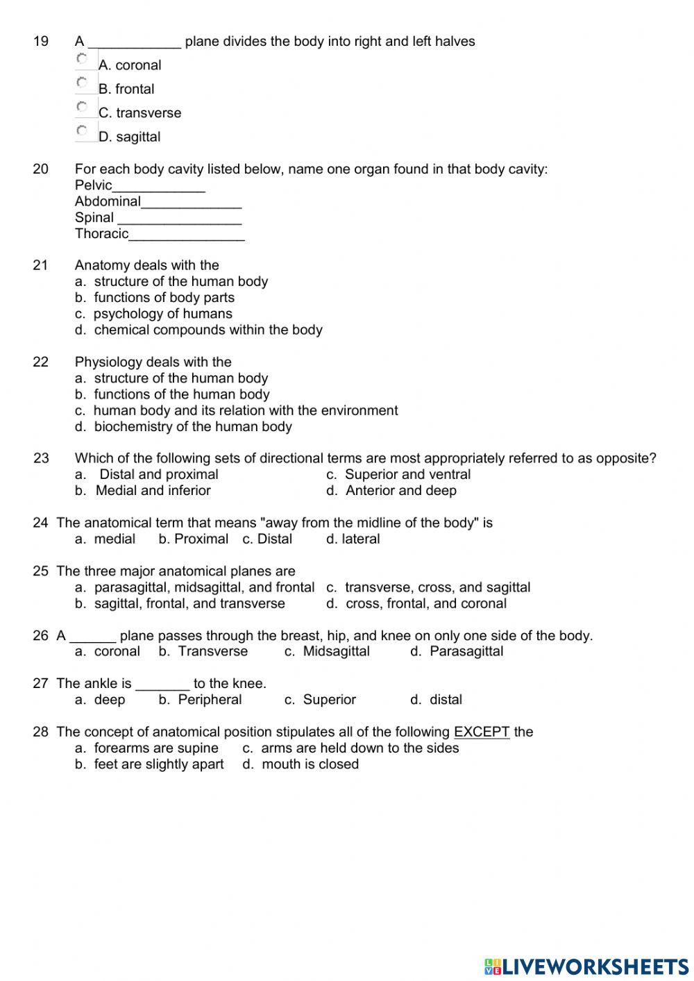 Anatomical Directions Worksheet