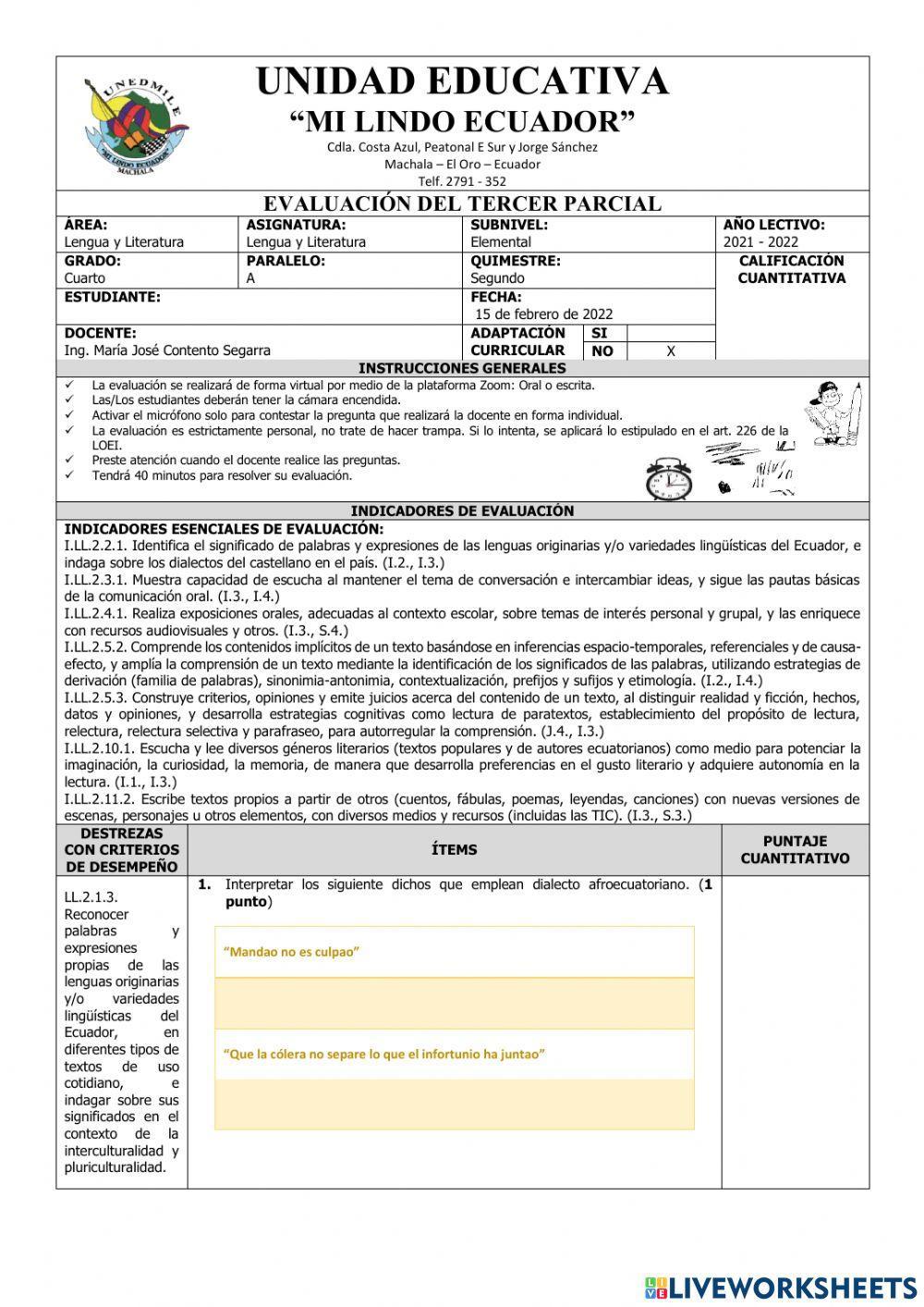 Evaluación de Lengua y Literatura del Tercer Parcial del Segundo Quimestre