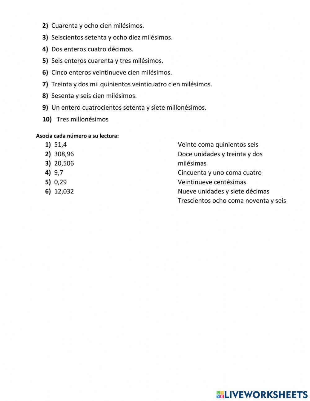 Lectura y escritura de decimales