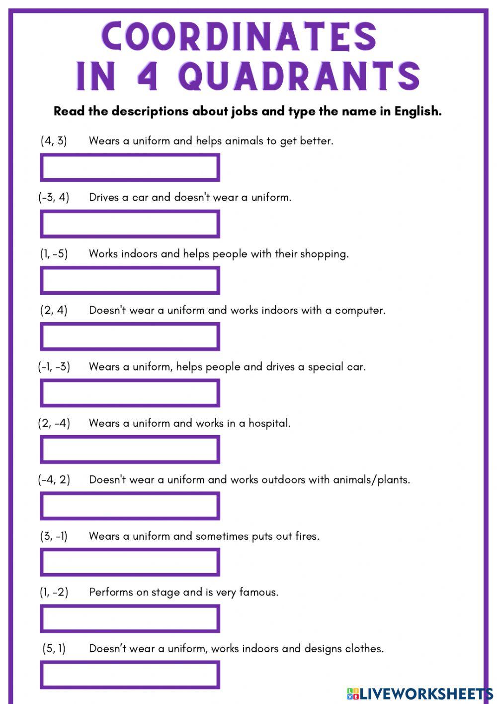 Coordinates 4 quadrants English vocabulary jobs