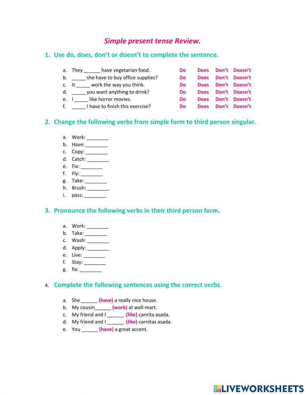 Simple Present tense review interactive worksheet | Live Worksheets