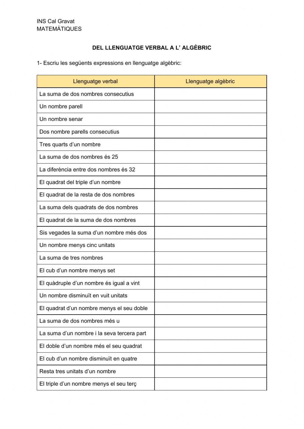 Del llenguatge verbal a l'algèbric 2