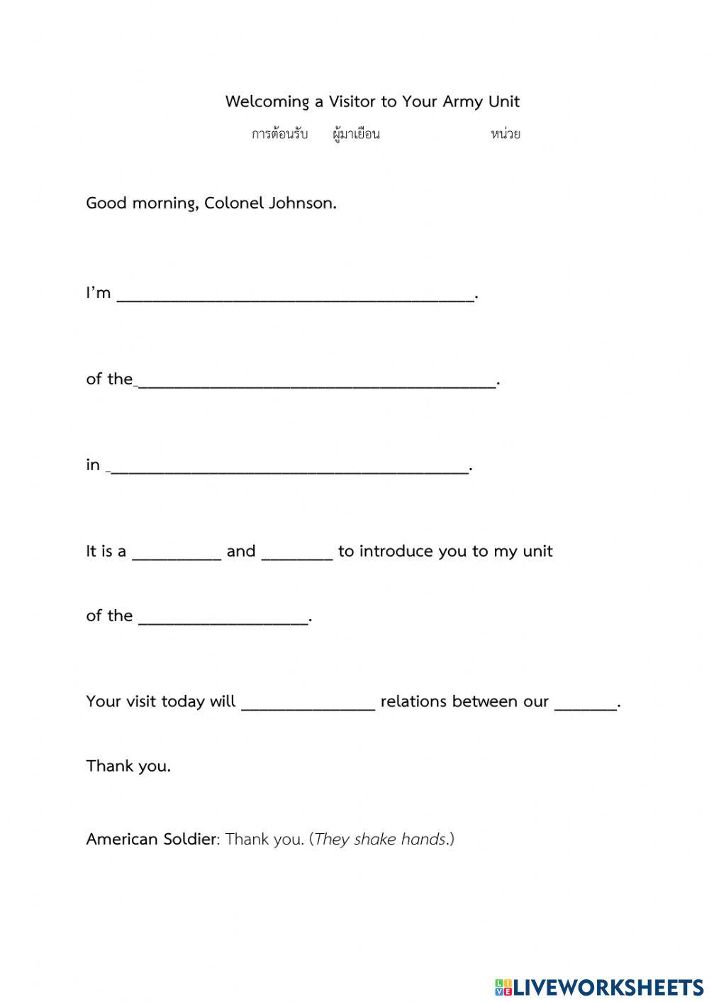 Welcoming a visitor online exercise for Live Worksheets