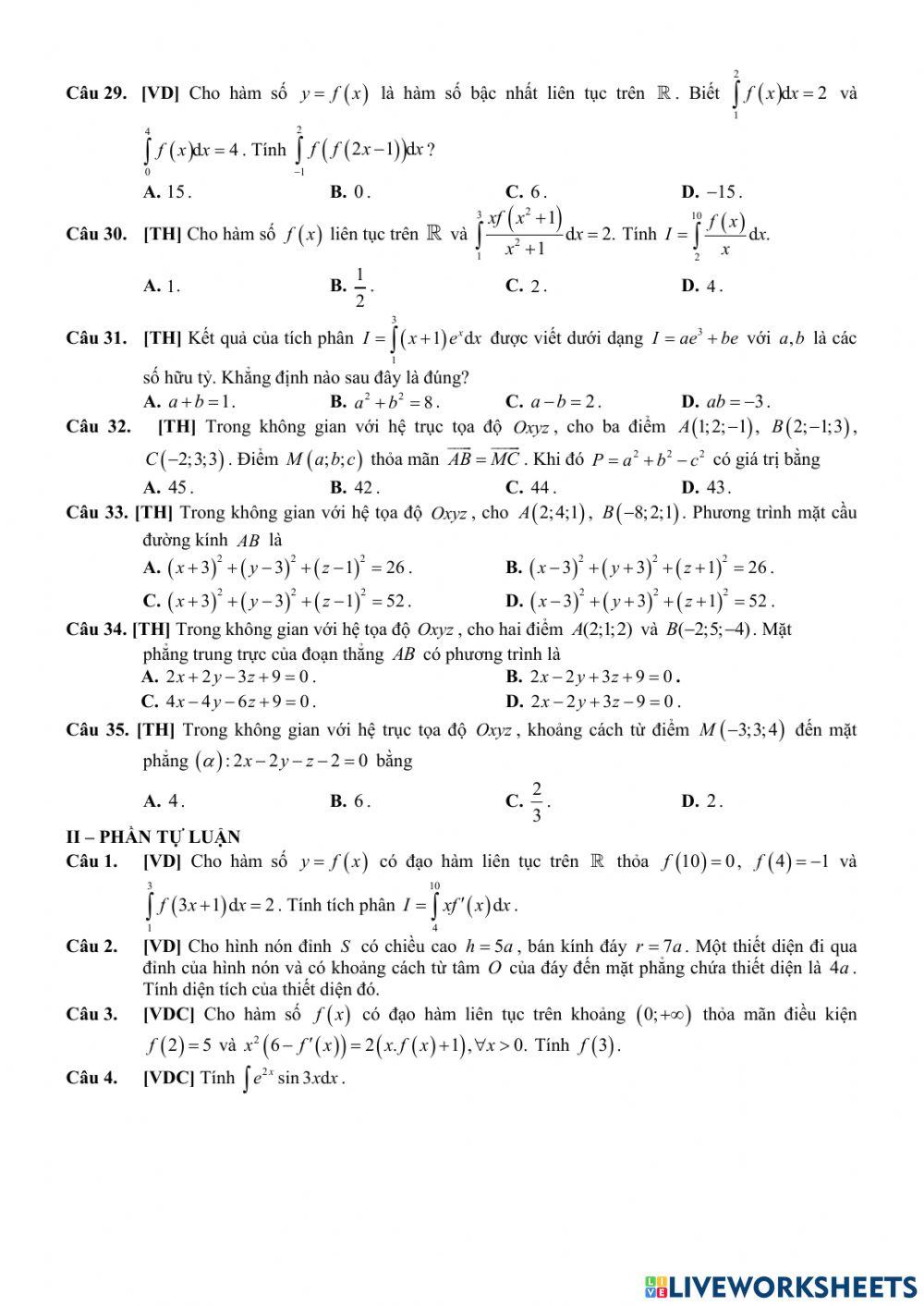 Toán 12 - Kiểm tra GK2 - Đề số 02