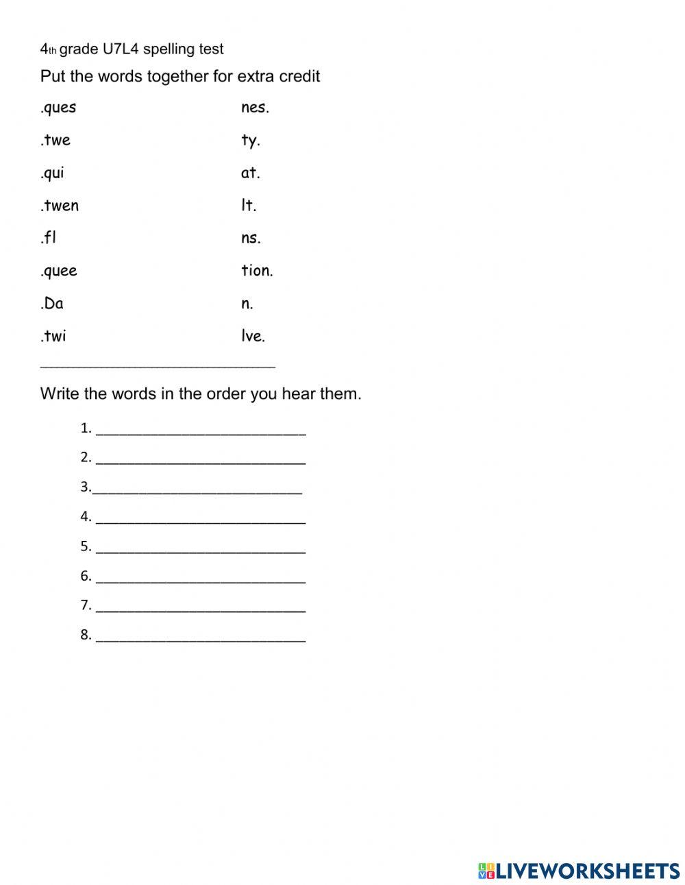 4th grade spelling test U7 L4