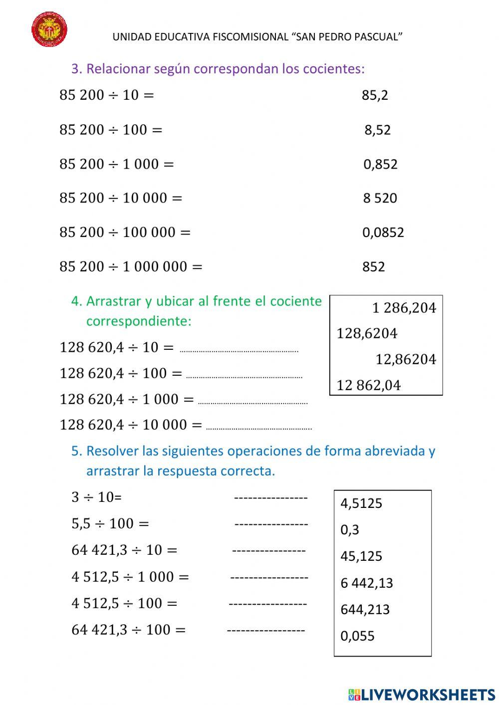 Multiplicación y división para 10, 100, 1 000, etc.