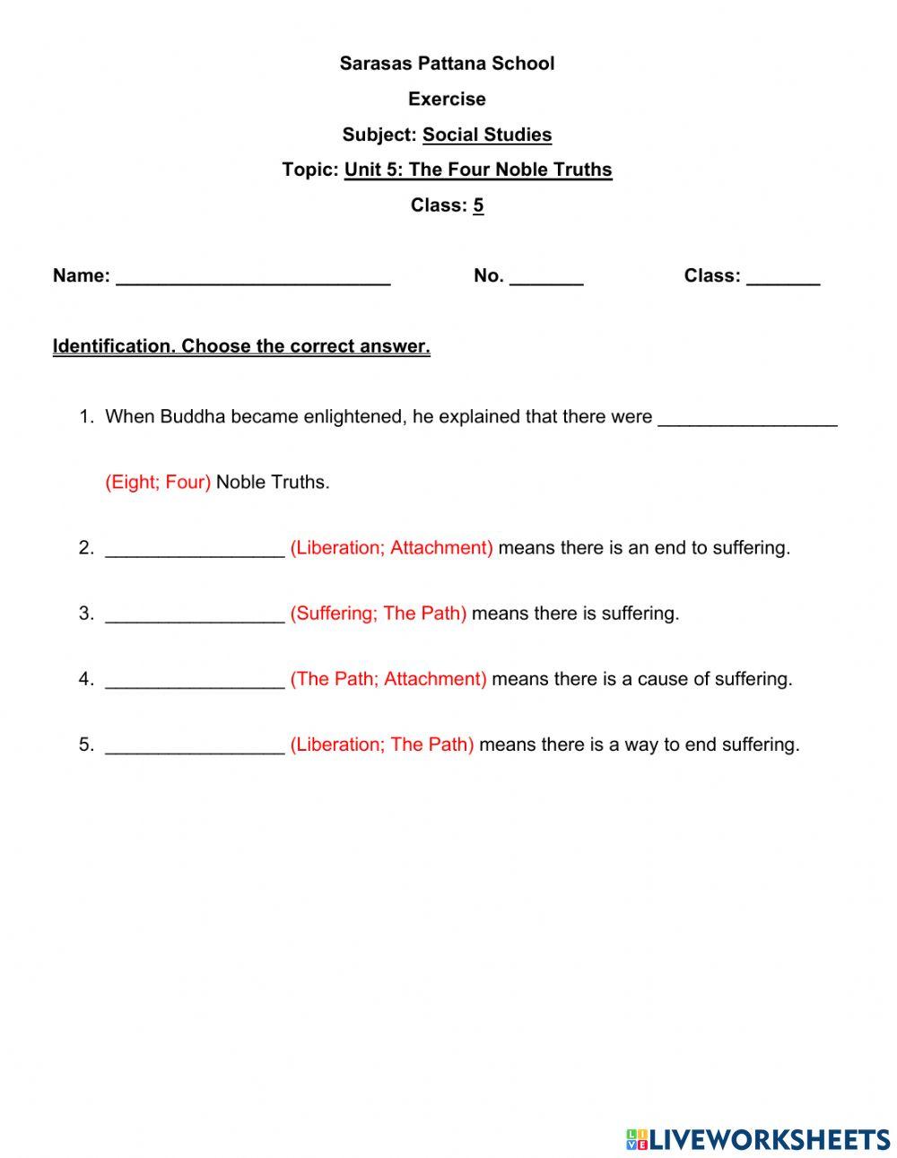 Grade 5 unit 5 the four noble truths 02 worksheet live worksheets