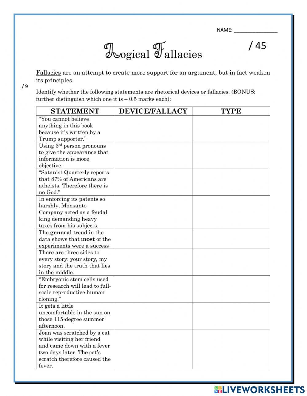 Logical Fallacies in Four Articles worksheet Live Worksheets