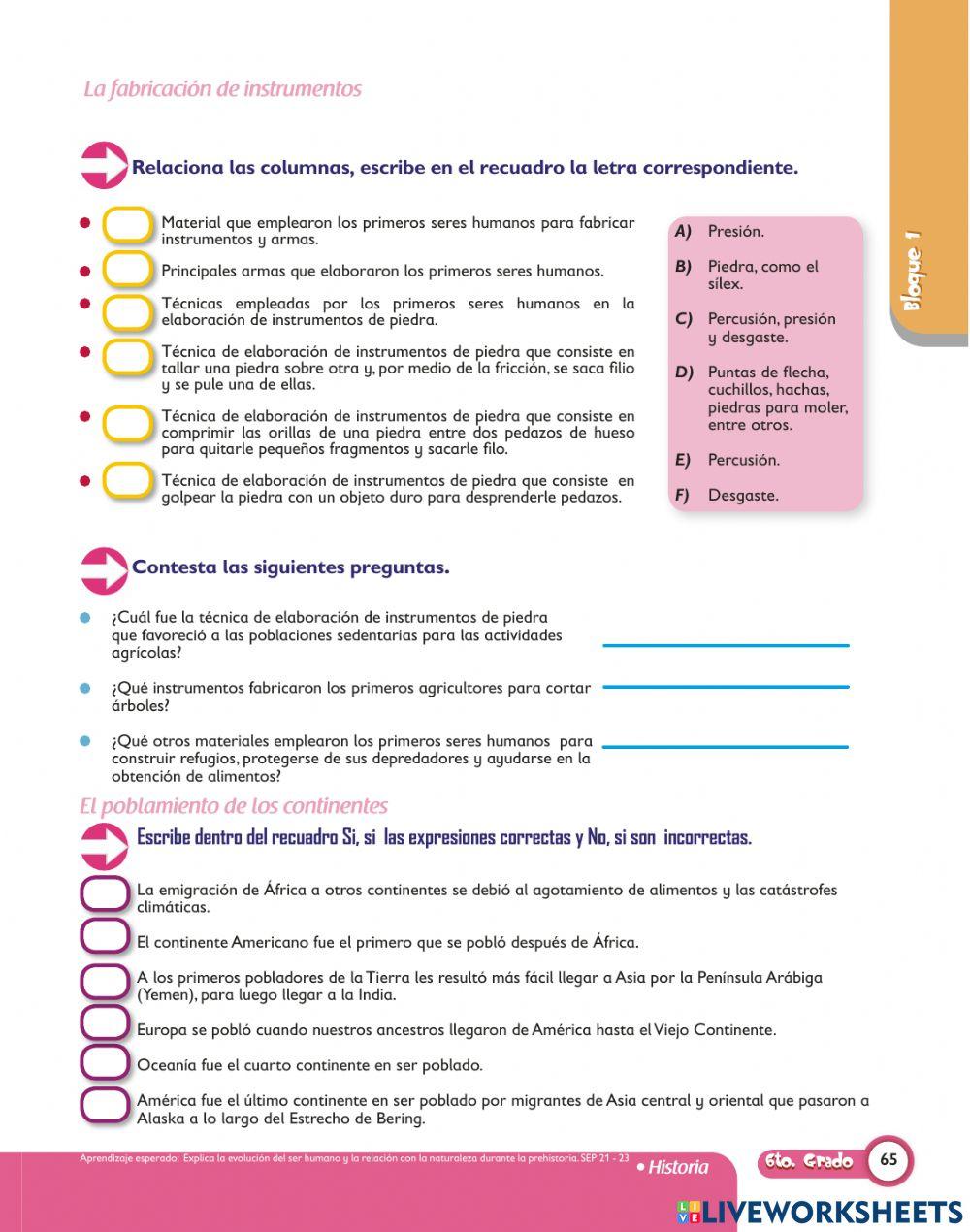 Fabricación de instrumentos y Poblamiento de los continentes