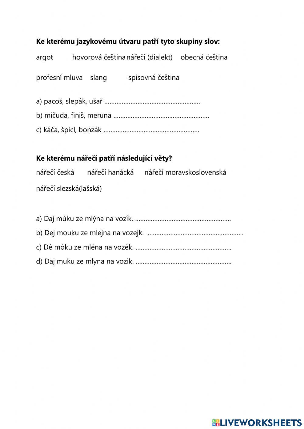 Útvary národního jazyka - cvičení