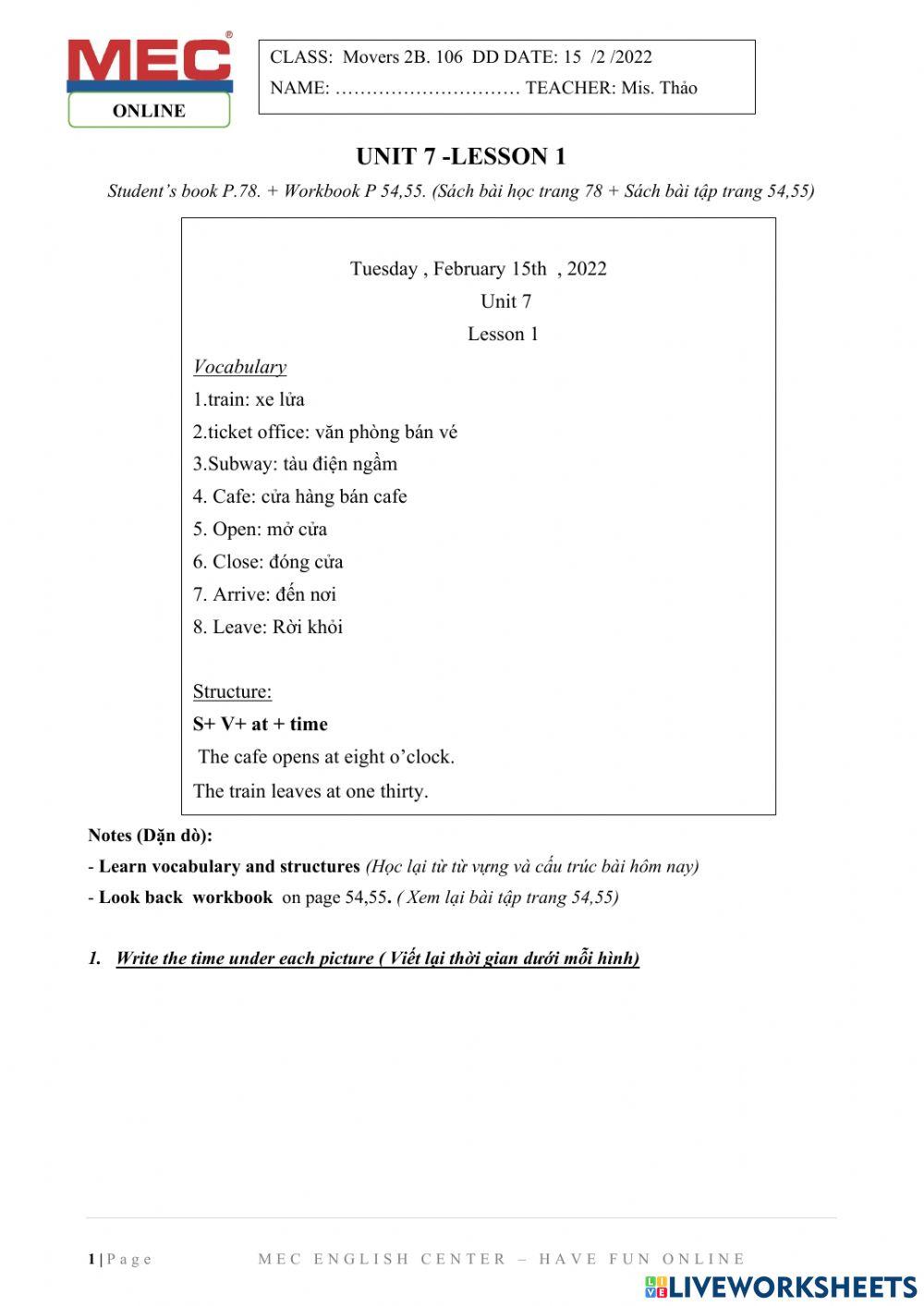 Movers 2B- Unit 7- Lesson 1 interactive worksheet | Live Worksheets